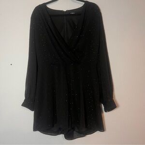 Express Long Sleeve Romper Black Size Large Silver Sparkles Dots Sheer V-Neck